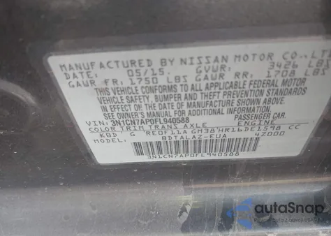 2015 Nissan Versa 1.6 S+ from USA, damaged, VIN 3N1CN7AP0FL940588